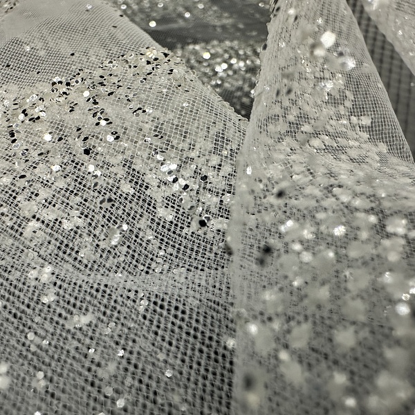 Полиэстер плательный, цвет - Тёплый Белый / Серебро