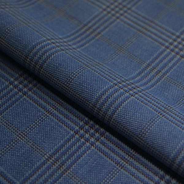 Полиэстер костюмный, цвет - Голубой в серую клетку